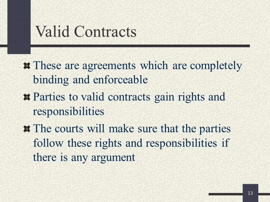 13 Valid Contracts These are agreements which are completely binding and enforceable Parties to